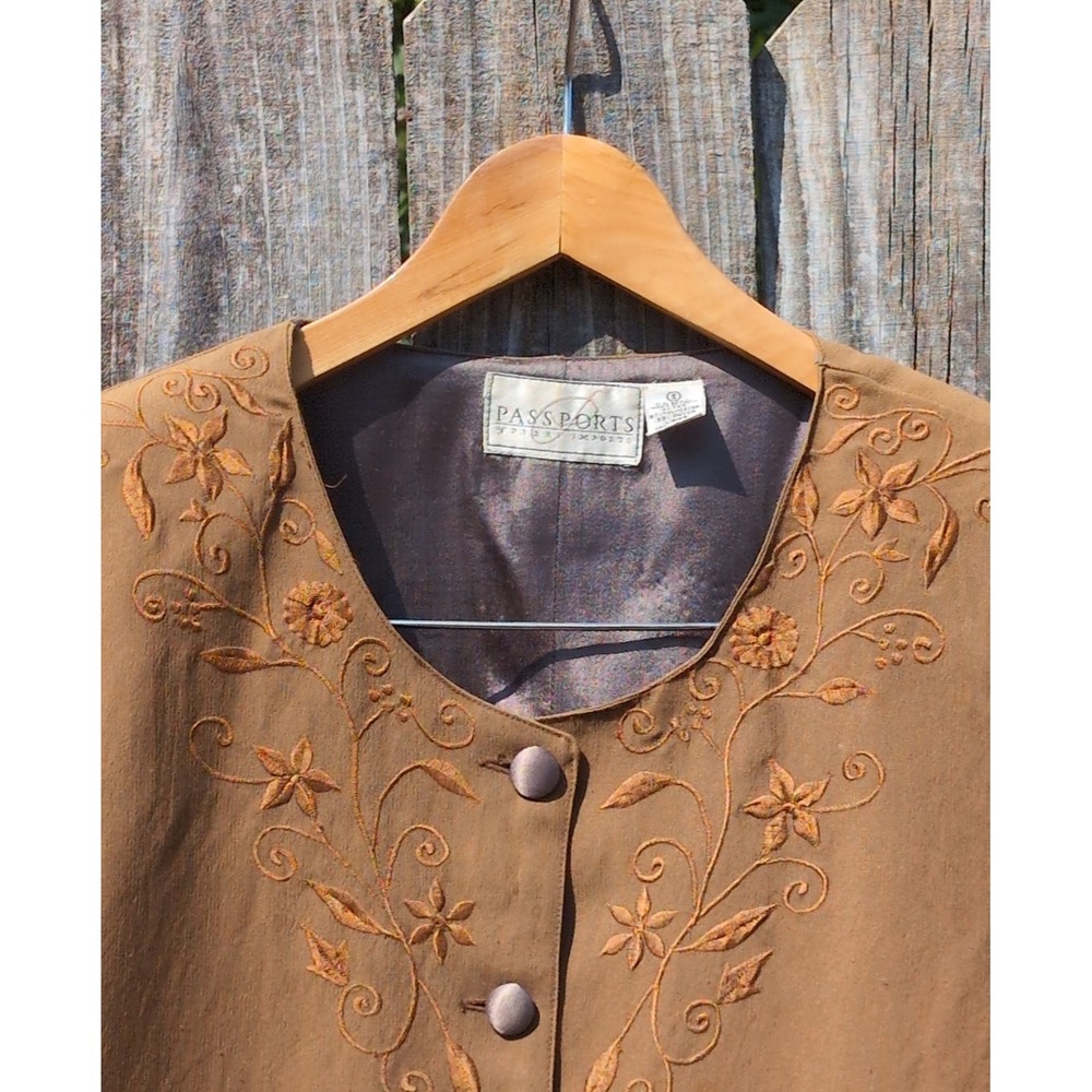 Passports Pier 1 Imports Vintage Brown Embroidered Floral Blazer Jacket Small - Picture 2 of 6